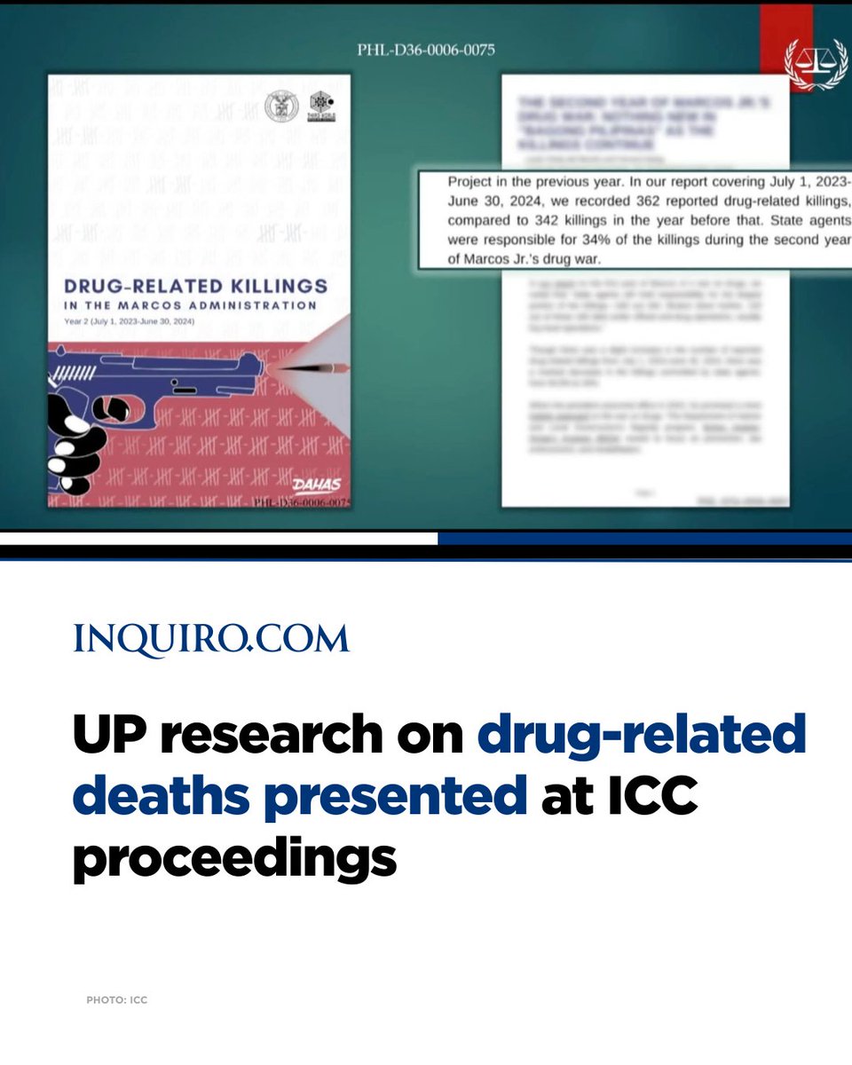 INQUIROcom's tweet photo. In a hearing before the International Criminal Court (ICC), lead defense counsel Nicholas Kaufman presented a research study conducted by the University of the Philippines (UP) concerning drug-related killings in the Philippines. https://t.co/lb2ZigCgE2