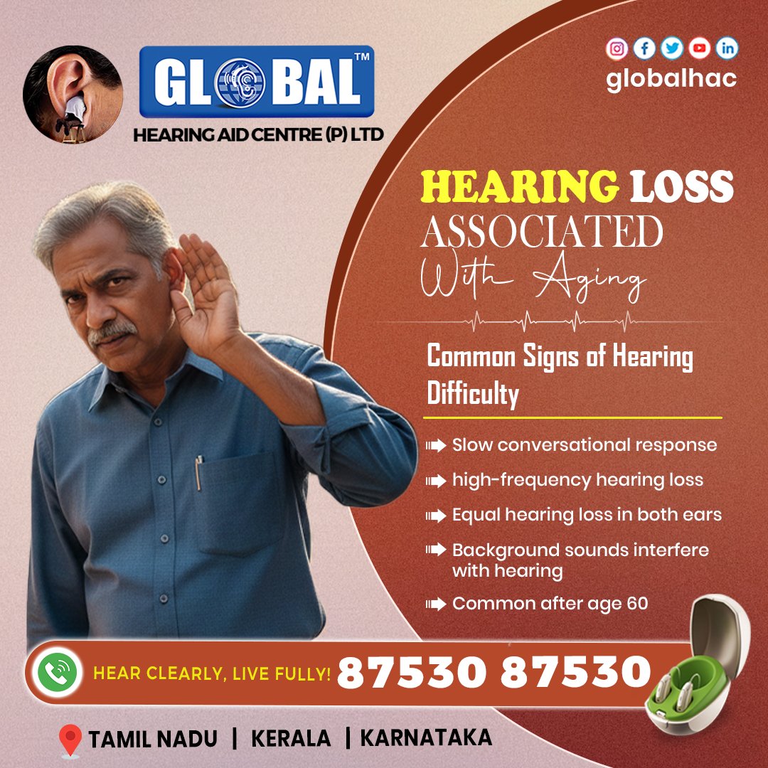 globalhac's tweet image. Aging affects hearing slowly, making regular checkups important for long-term sound clarity.

Book your Free hearing demo :  booking.globalhearing.in

#HearingHealth #RegularCheckups #SoundClarity #HealthyAging #SeniorWellness #globalhearingaidcentre #globalhacglobalhac