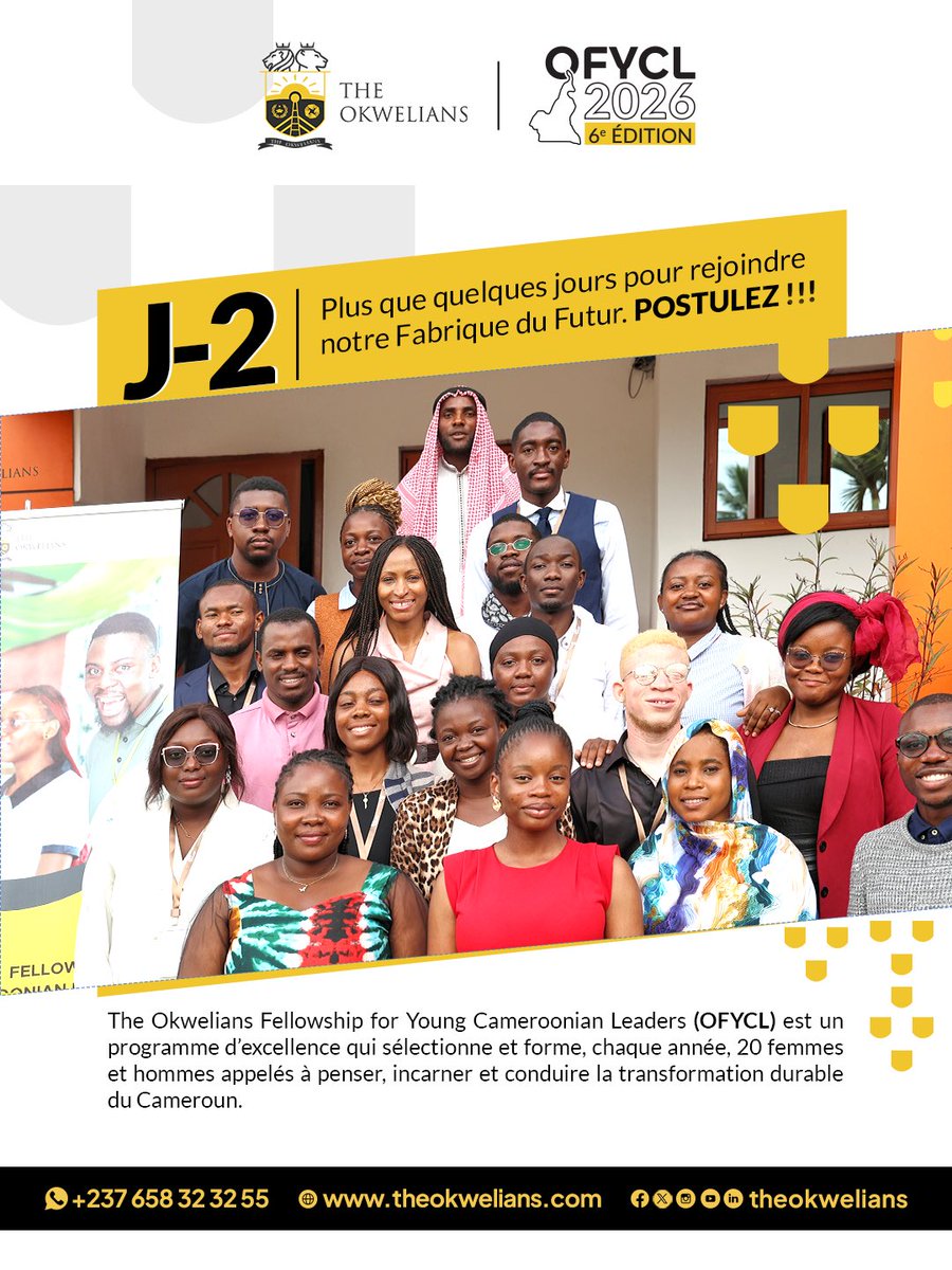 theokwelians's tweet photo. #OFYCL2026 |  Plus que deux jours pour répondre à l’appel à candidatures de la 6e édition du programme The Okwelians Fellowship for Young Cameroonian Leaders (OFYCL).

📌 Lien pour en savoir plus et pour postuler ici :
https://t.co/1kvURJuQoQ

#OFYCL #TheOkwelians #Cameroun https://t.co/V33NsM9qe0