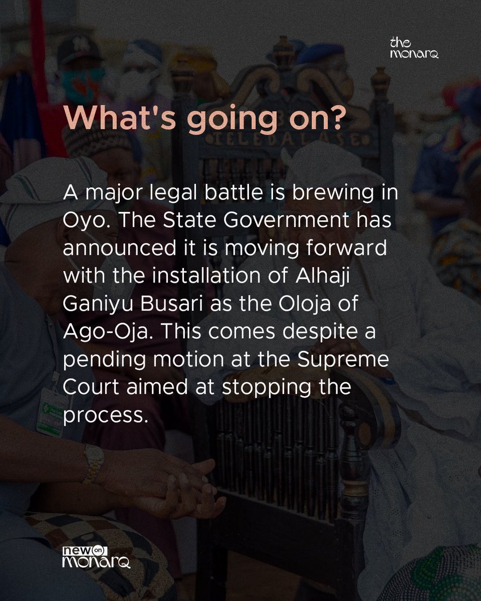 the_monarq's tweet photo. Oyo State is at a crossroads. The government is proceeding with the installation of a traditional ruler despite a Supreme Court motion and past judgments declaring the stool non-existent. https://t.co/Vjs61HtUG2
