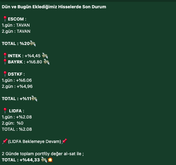 HakanAslantr's tweet photo. 2 günde Total : + %44,33, çok şey kaçırıyorsunuz grupta olmayanlar;
#escom #beste #DSTKF 

WP grubum 👇
https://t.co/LkcX75e5Ud https://t.co/7aVIoHnXCh