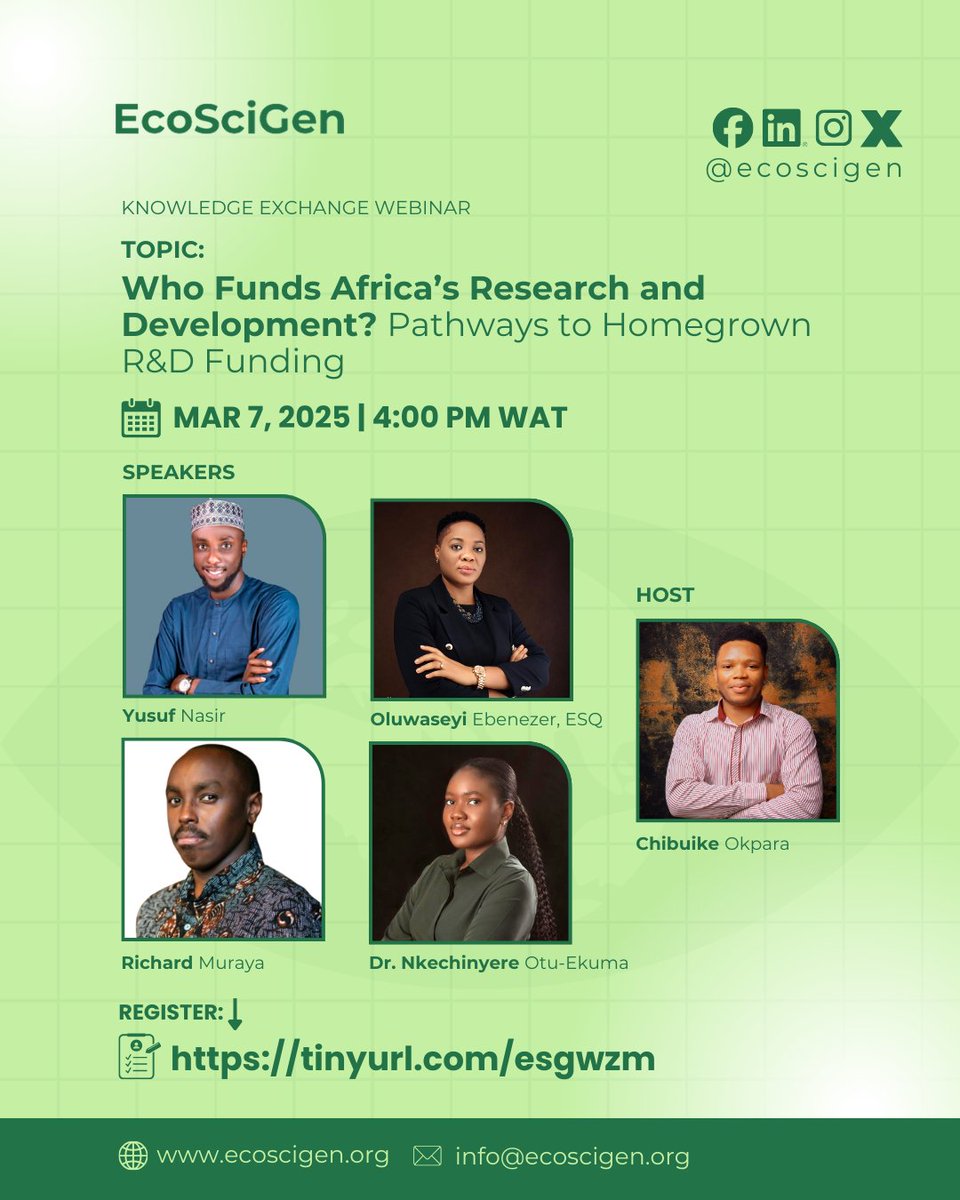 ecoscigen's tweet photo. Africa invests just 0.45%–0.5% of GDP in R&amp;D  far below the global average.

The AU set a 1% target in 2006. Many are still falling short.

How can Africa drive innovation &amp; real development without stronger research investment?

March 7, 2026 | 4PM WAT

https://t.co/junuzTMaE8  https://t.co/oAZJP69bzW
