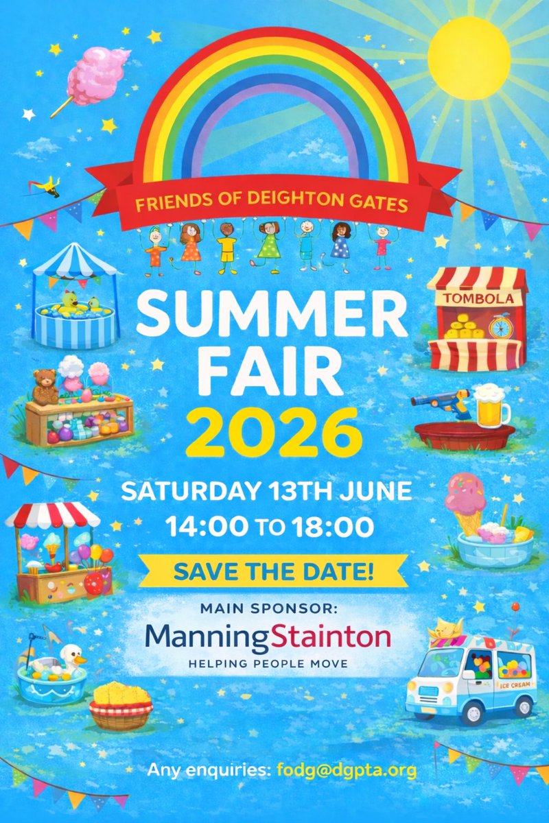 FriendsOfDG's tweet photo. Summer may feel a way off, but the date is set! 🌈
 Summer Fair – Saturday 13th June
Bigger and better than ever — with huge thanks to our Main Sponsor @ManningStainton 🙌
Want to get involved with stalls, entertainment or activities?📧 fodg@dgpta.org
#SummerFair #FoDG #Wetherby https://t.co/j6RnmpkMbT