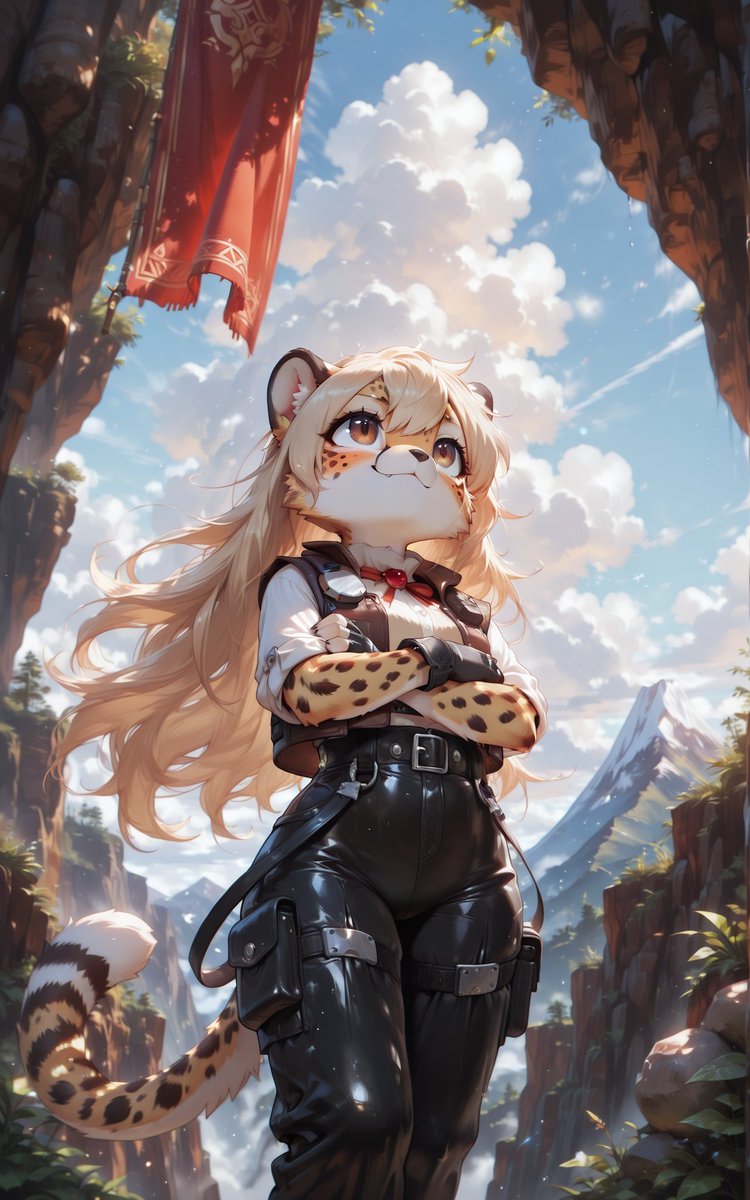 Reached the peak! Magnicia conquers the mountains 🏔️🐆 Victory glow… 
#FurryArt #AIArt #MagniciaOC #FurryAdventure #MountainFurry
Very spicy summit alts on Patreon