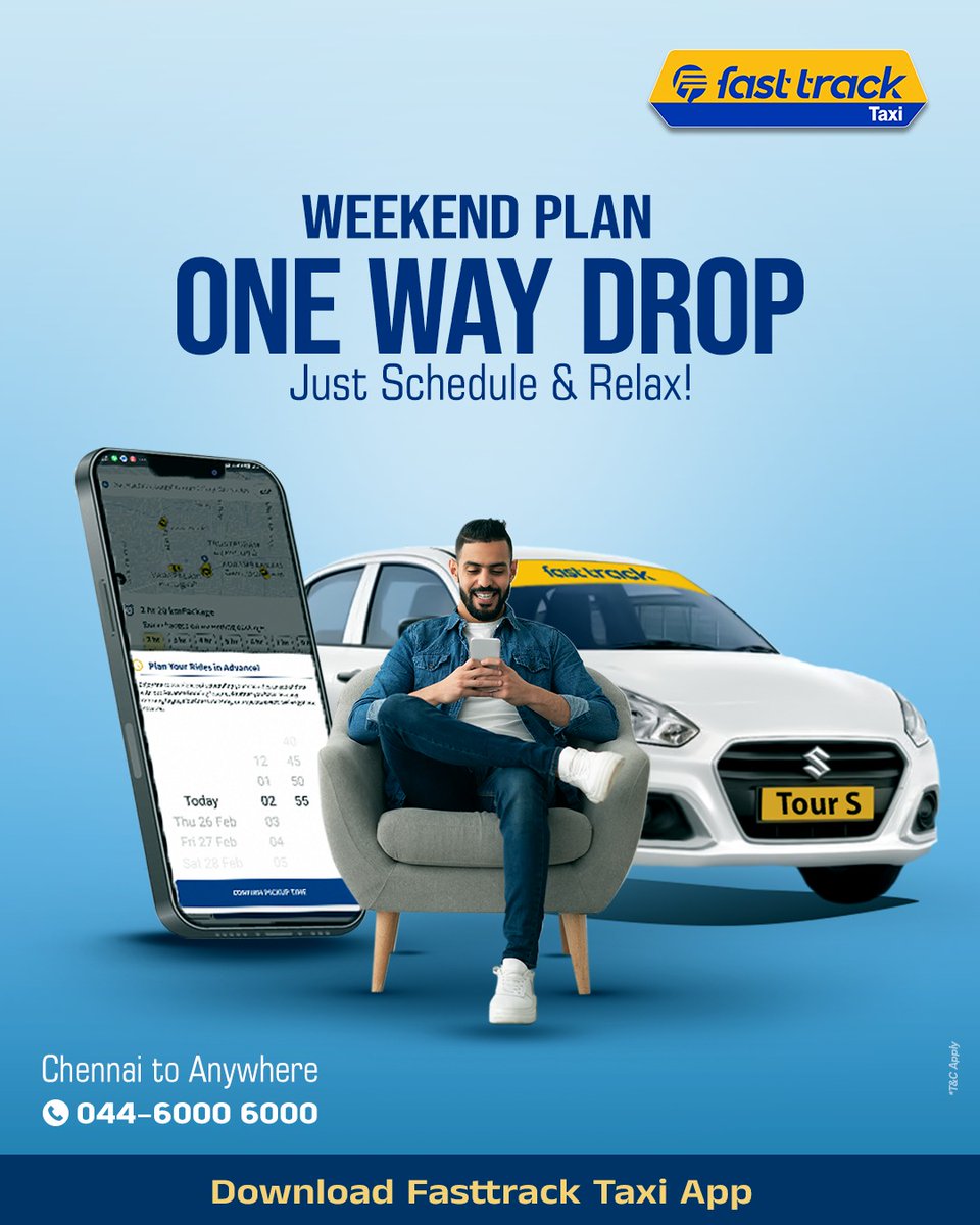 TaxiFastTrack's tweet image. Weekend plan set? ✅
No return headache.
Just book. Chill. Arrive. 😎🚖

Download &amp;amp; Install Fasttrack Taxi App Now📲

#WeekendPlan #DirectDrop #ZeroTension #AppBooking #GoWithFasttrack #TravelEasy #ChennaiToAnywhere #RideInStyle