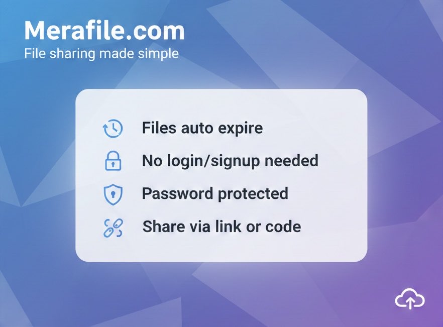 Merafile's tweet photo. Upload. Share. Done. ✅
Meet https://t.co/eKLxivG3k1—the ultimate "no-fuss" file sharing tool.
🚀 No signup needed
🔒 Password protected
⏳ Auto-expiring links
Stop wasting time on logins and start sharing in seconds. https://t.co/IuDraiKBYO