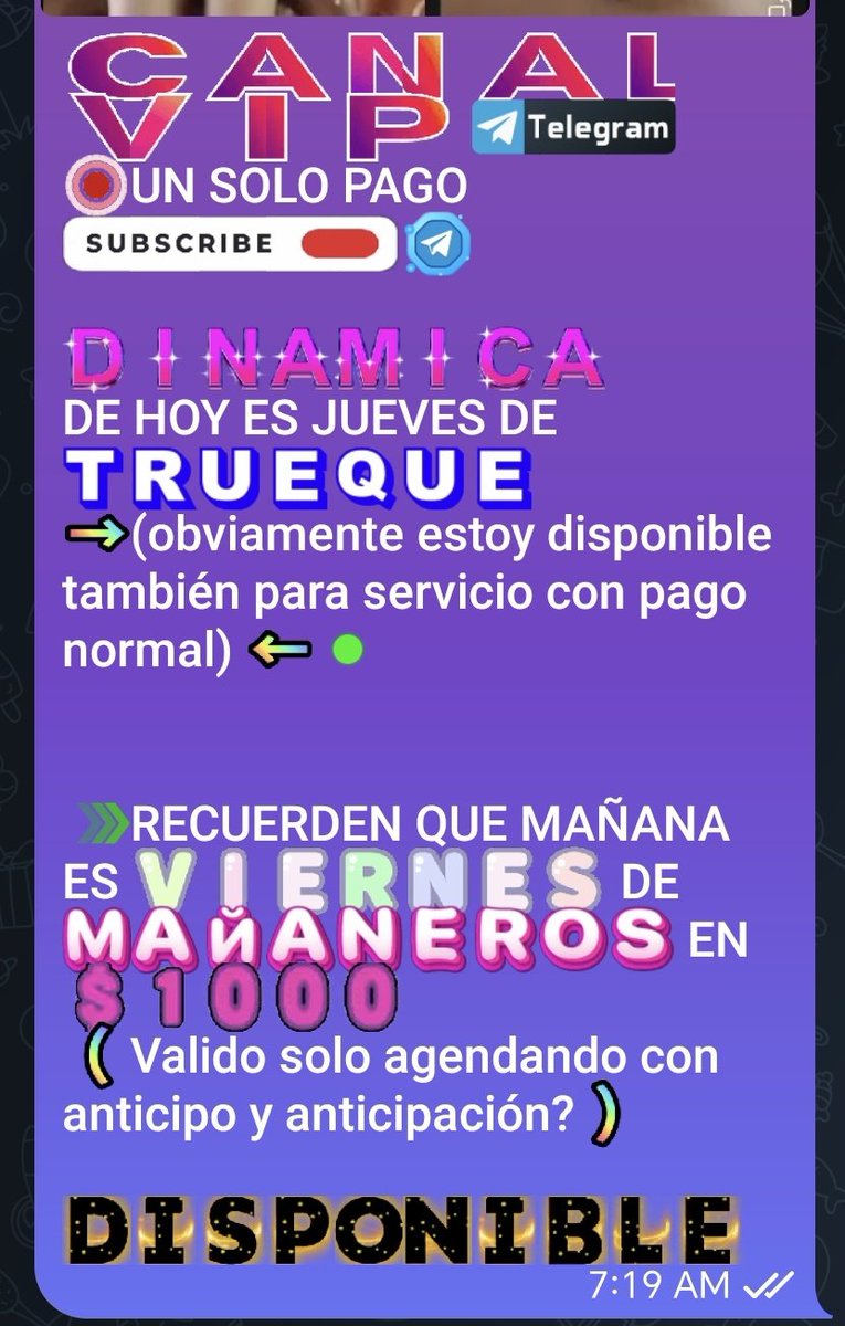 ÚNETE A MI CANAL DE TELEGRAM FREE @ame_rica69
HOY ES JUEVES DE TRUEQUE
MAÑANA VIERNES DE MAÑANEROS  EN 📢 💲1️⃣0️⃣0️⃣0️⃣
(Valido solo agendando con anticipo y anticipación)
Regalame un RT y ❤️
#putimasajes #Milfcurvy
#masajesparaadultos