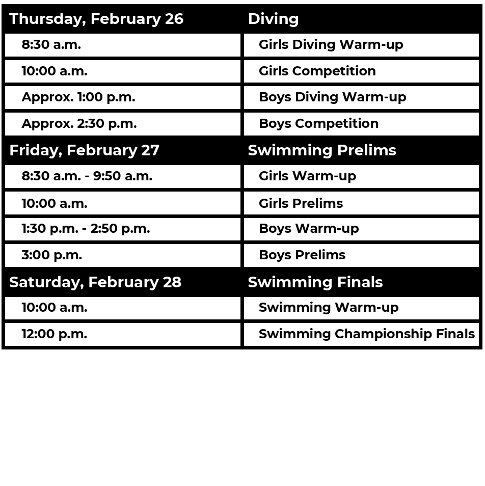 🏊 Swimming and Diving State Championships
📅 Thursday-Saturday, February 26-28
⏱️ Attached
📍Bob Devaney Sports Center, Lincoln

Charli has qualified in the 500 Freestyle, 100 Breaststroke, 200 Medley Relay, 200 Freestyle Relay, and 400 Freestyle Relay. Good luck Charli!