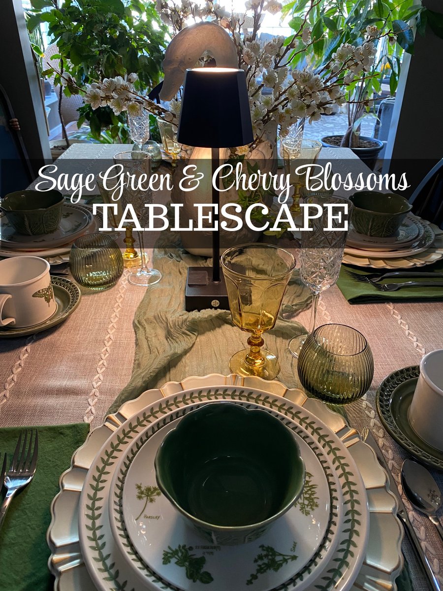pattietierney's tweet image. My first spring tablescape is here—soft, subtle &amp;amp; so pretty! Sage green runner, Portmeirion china, swan with cherry blossoms &amp;amp; playful  mixed glassware. Easy to make bolder later! Who else is setting their  table for spring? #SpringTablescape #TablescapeInspo Details in thread.