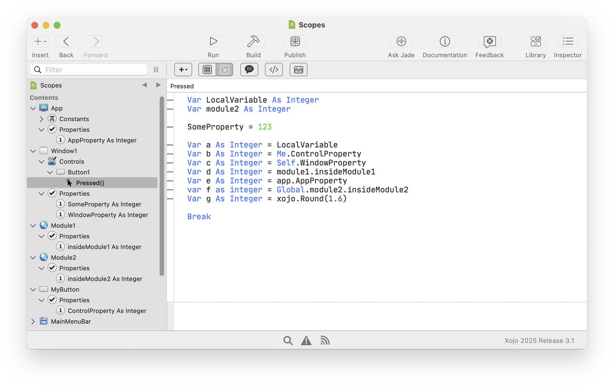 Scopes and namespaces in Xojo

In #Xojo we have several scopes for accessing properties or variables.

Did you use global. prefix or xojo. namespace before?

mbsplugins.de/archive/2026-0…