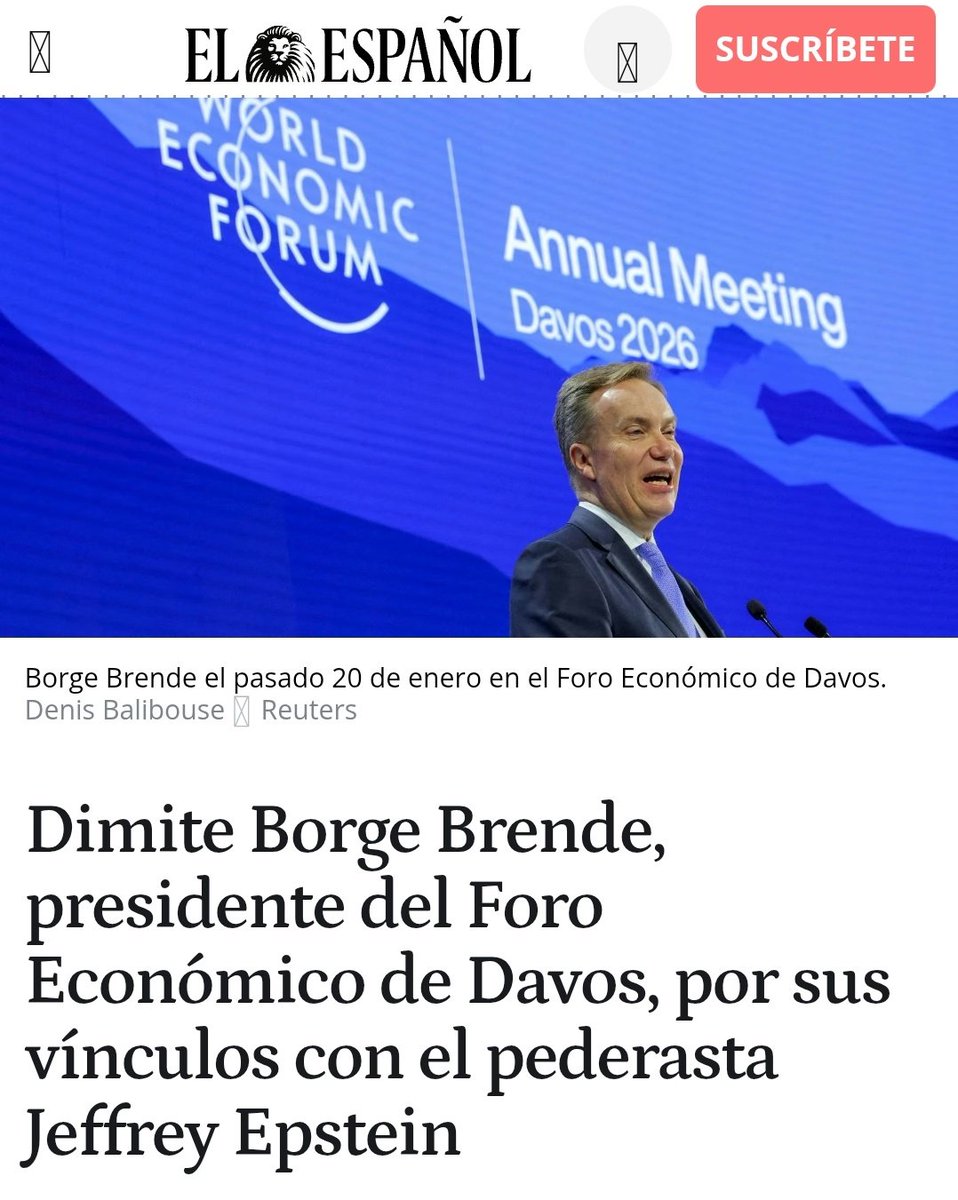 Un nuevo miembro de la élite globócrata cae a consecuencia del caso Epstein. En esta ocasión, el presidente del Foro de Davos, Borge Brende.

elespanol.com/mundo/europa/2…