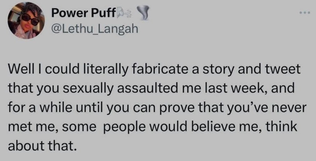 <a href="/HeadfortF/">Headfort Foundation for Justice</a> <a href="/Mochievous/">Moe</a> <a href="/henri_Siloni/">Henree</a> <a href="/InibeheEffiong/">Inibehe Effiong</a> <a href="/AWJAI_official/">Asabe Waziri Justice Advocacy Initiative</a> I always take full accountability for my actions and do not justify them.

However, if a woman accuses of something I'm certain I didn't do and justice system fails, I will enforce justice myself

This stance applies to my brothers as necessity demands it, even if it means dēath.