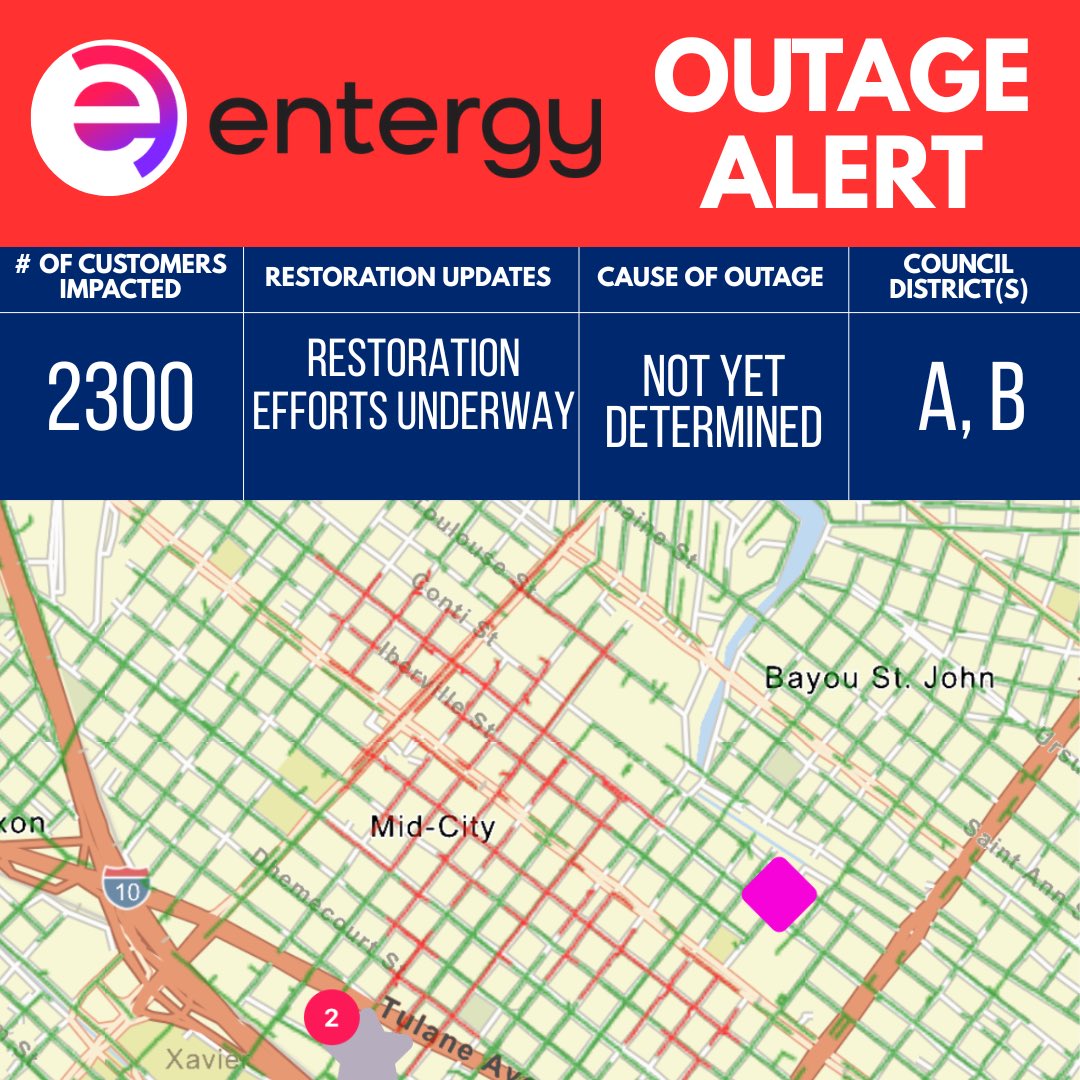 NolaUtilities's tweet photo. #OutageAlert from @EntergyNOLA https://t.co/XzpdGwCK92