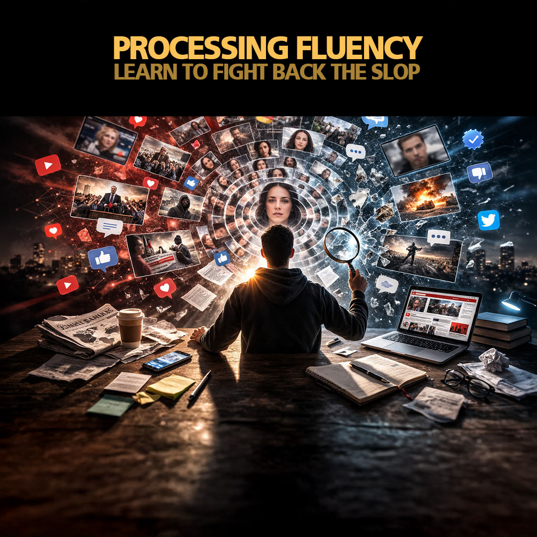 idoser's tweet photo. Ever notice a meme starts sounding right after the 5th share? 🔍 That is #ProcessingFluency at work. This guide shows how #algorithms #AISlop and #Deepfakes weaponize that ease. Learn to FIGHT BACK at https://t.co/yWX2VurR2P https://t.co/ihBpYbdeOB