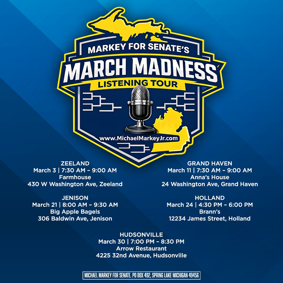 March Madness = back on the road.

Launching my March Madness Listening Tour across West Michigan to meet voters, listen, and keep building momentum in this race.

Let’s make Michigan #1. 🇺🇸