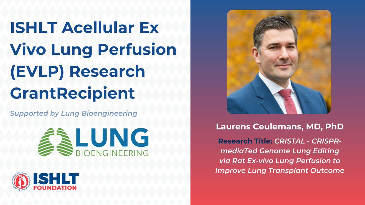 ISHLT's tweet photo. #ISHLT recently awarded the Acellular Ex Vivo Lung Perfusion Research Grant, supported by #LungBioengineering, to Laurens Ceulemans, MD, PhD of KU Leuven. 🎉 Dr. Ceulemans’ study examines CRISPR-Cas9 gene-editing, a molecular "scissor" that precisely targets and disrupts specific genes. 🫁