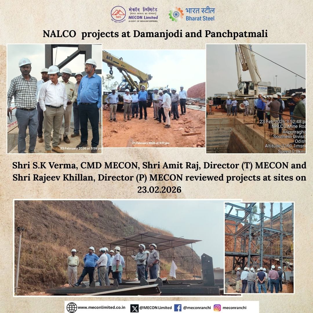 MECONLimited's tweet photo. #MECON is EPC Contractor of Bauxite Handling Plant at NALCO Refinery &amp; Crushing Plant at Panchpatmali mines, Damanjodi. Shri SK Verma, CMD MECON, Shri Amit Raj, Director(T) &amp; Shri Rajeev Khillan, Director(P) MECON reviewed progress of project at site https://t.co/lJEJRLfnAB