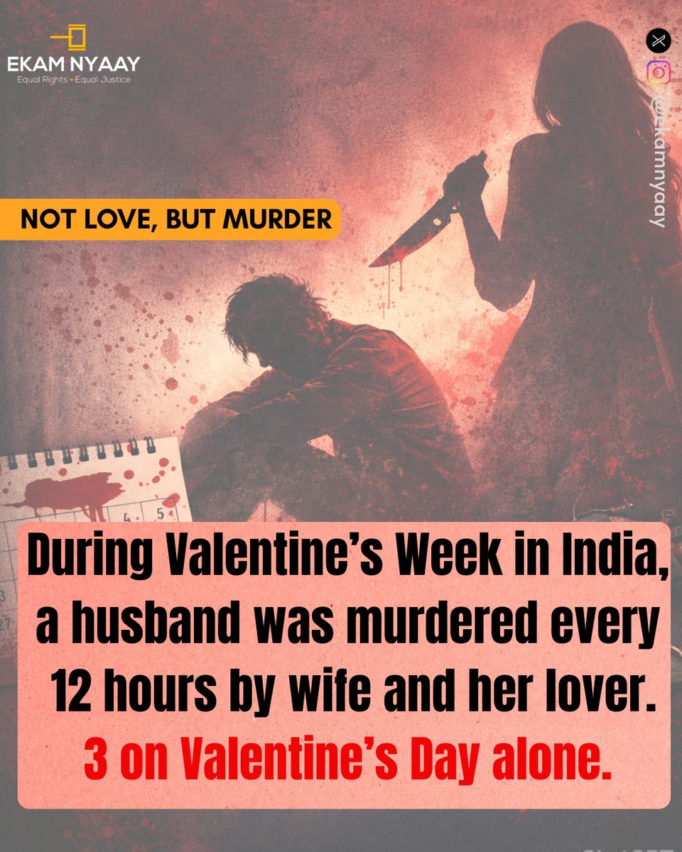 ekamnyaay's tweet photo. This Valentine’s Week, multiple husbands across India were murdered by their wives and their boyfriends.

Behind the celebration of love lies a disturbing reality that rarely gets attention.

These are not just statistics. These were lives lost. Families destroyed. Children left without fathers.

Justice must remain gender-neutral. Crime has no gender. Victims have no gender.

It’s time to acknowledge every victim. It’s time to talk about the silence.

Check thread to see their stories.

#ValentinesDay #HubsandMurder #mentoo #Law #HusbandWife