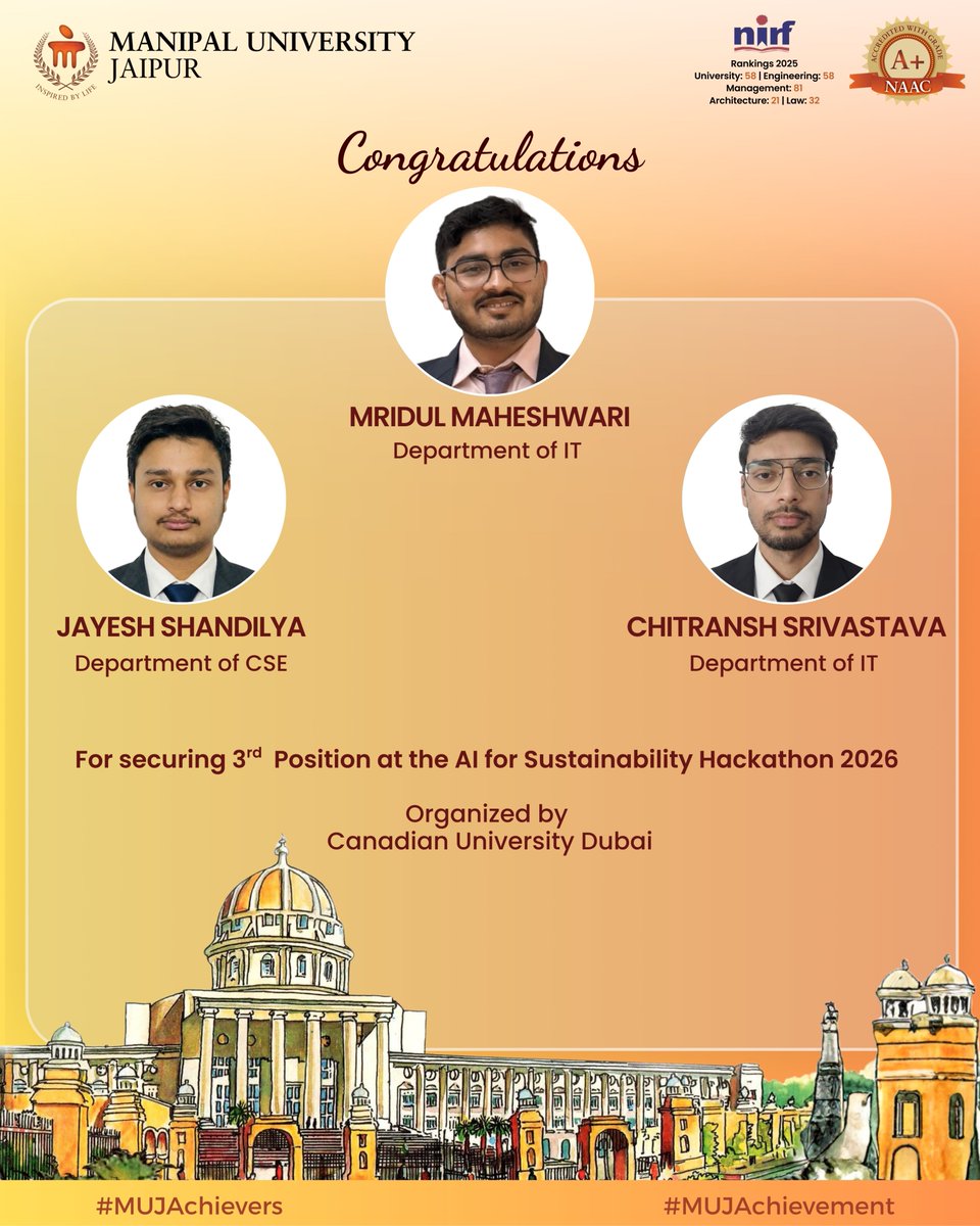 Jaipur_Manipal's tweet image. MUJ IT students secured 3rd place at the AI for Sustainability Hackathon 2026 by Canadian University Dubai for their project HydroSentient AI.

Congratulations to the team and mentors! 👏

#ManipalUniversityJaipur #Hackathon #StudentAchievement