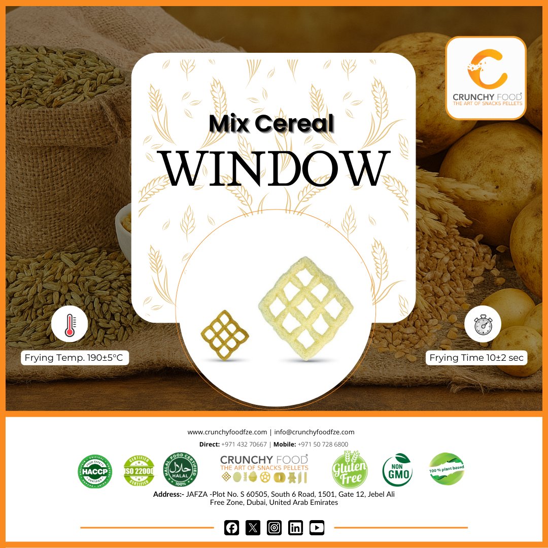 CrunchyFoodFze's tweet photo. 🧩 Designed to Stand Out

Crunchy Food FZE crafts mix cereal-based window-shaped snack pellets that hold flavour, fry evenly, and deliver real crunch. Different look. 

Better bite. Better results.

🌐 https://t.co/EWCQohTd0m

#crunchyfoodfze #windowshapedsnacks #snackpellets https://t.co/zpnCahHzPD