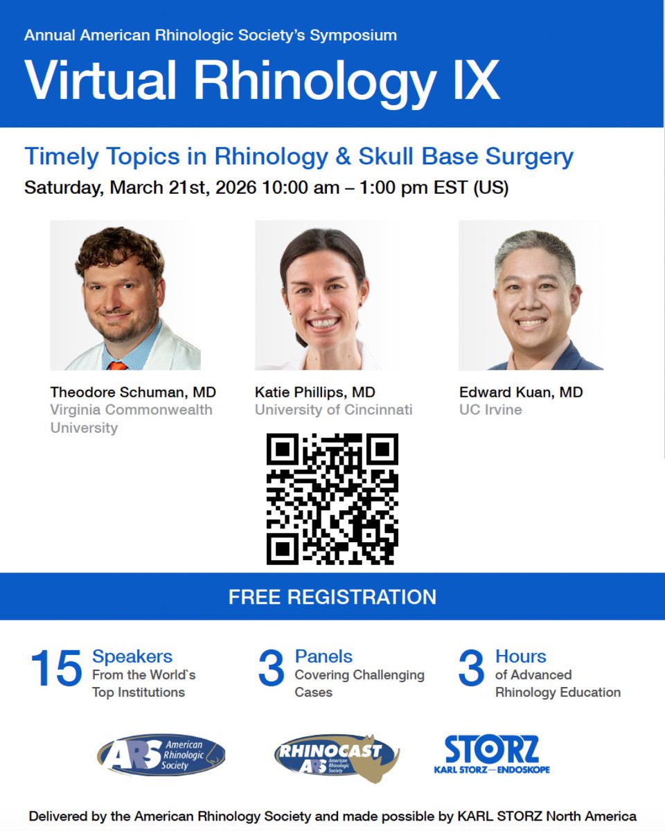 AmRhinoSociety's tweet photo. Virtual Rhinology is BACK for its 9th annual iteration! Join us on Saturday March 21 for a state-of-the-art discussion on current topics in rhinology! Supported by Karl Storz, this annual webinar is a fan favorite and you can register today at https://t.co/rykEnLndnq https://t.co/wyocpktBuP