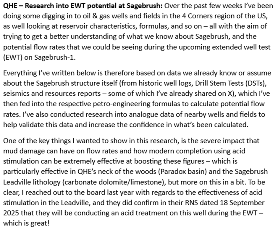 StallardMichael's tweet photo. 1) #QHE I’ve spent weeks digging into #Sagebrush & regional analogue data – looking at reservoir characteristics, formulas & industry practices. The historic data, DSTs, logs, seismics, & analogues all point to one thing: we could see some significant flow rates at Sagebrush 👇 https://t.co/yrVEWv8Lf1