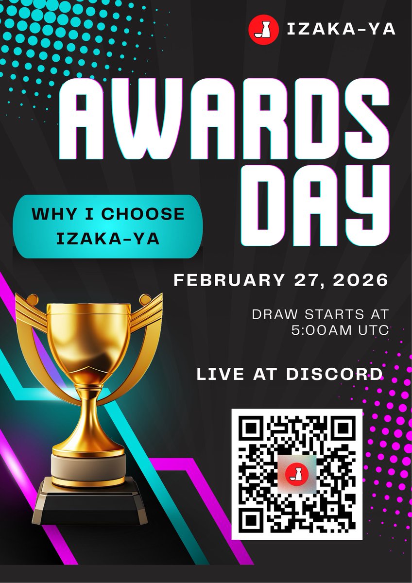Izakaya_Global's tweet photo. What’s up IZKYans! 🔥

Our February Campaign “Why I Choose IZAKA-YA” has officially come to an end.

Join us tomorrow, Feb 27, 2026 for the LIVE DRAW
⏰ 5AM UTC
📍 Discord: https://t.co/x4Ydm44yNZ

Winners will be selected live — don’t miss it. https://t.co/JixfDqkCB6