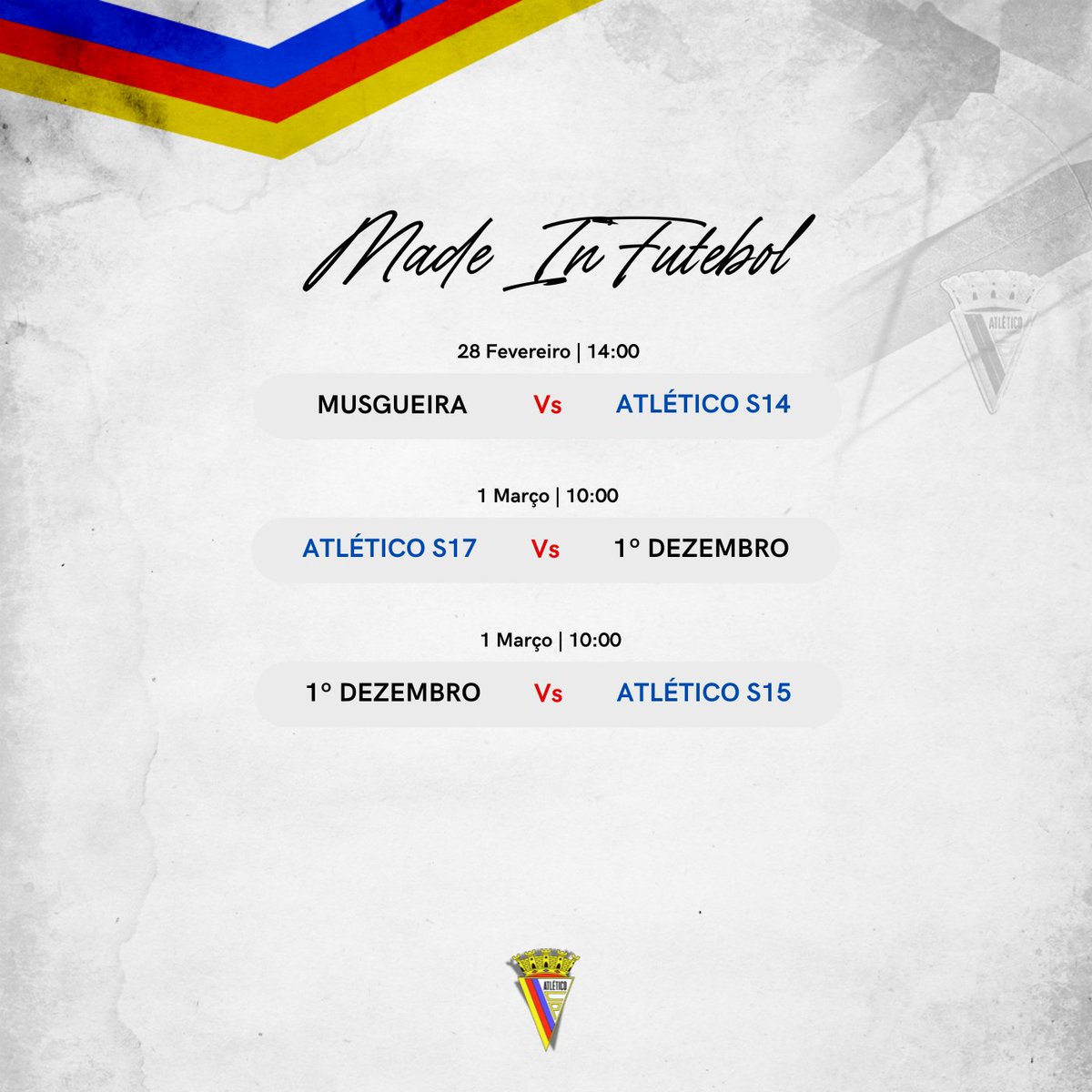 AtleticoCP1942's tweet image. 📆 Agenda #MadeInAtletico  

Os nossos futuros craques vão a jogo! ⚽️🏀

O 𝗙𝗨𝗧𝗨𝗥𝗢 está em 𝗖𝗔𝗦𝗔! 💪

🟡🔴🔵

#sempreatletico 
#ViverLutarVencer