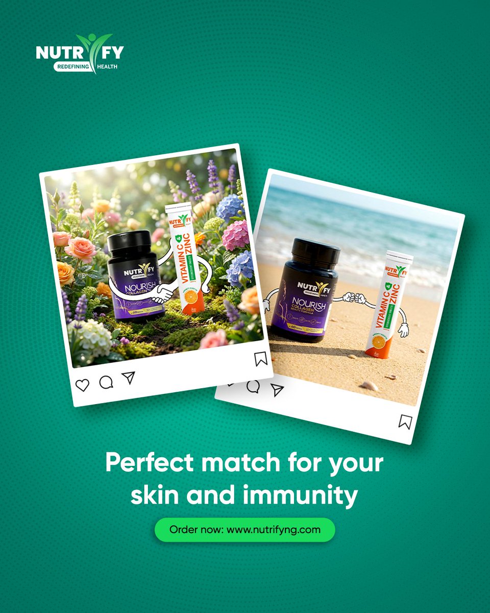 NutrifyNigeria's tweet image. Pair Nourish Collagen with Vitamin C &amp;amp; Zinc to support better collagen intake and daily immune care.
Shop now:  nutrifyng.com
#NutrifyNigeria #Nutrify #RedefiningHealth #CollagenCare #SkinSupport