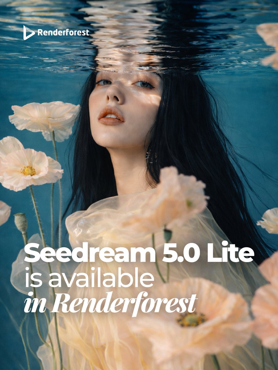 renderforestcom's tweet photo. Create AI art with Seedream 5.0 Lite by @BytedanceTalk  - now available in Renderforest 🎨

Enhanced typography, poster-ready text, superior prompt adherence, and up to 4K resolution.

Try it now!

#Renderforest #AIImage #ByteDance https://t.co/zM526emImR
