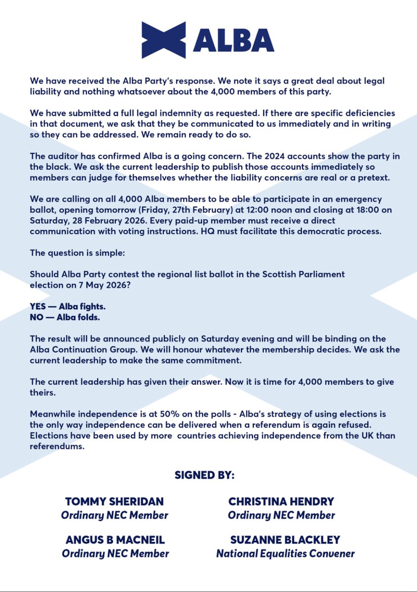 AngusBMacNeil's tweet photo. #Breaking 
Alba Takeover Group asks/demands of current leadership.
1. What was missing in the indemnity they asked for?
2. Time to poll all 4,000 Alba members on standing at Holyrood election or choosing to "Turn and Flea" https://t.co/khR1X5uO8g