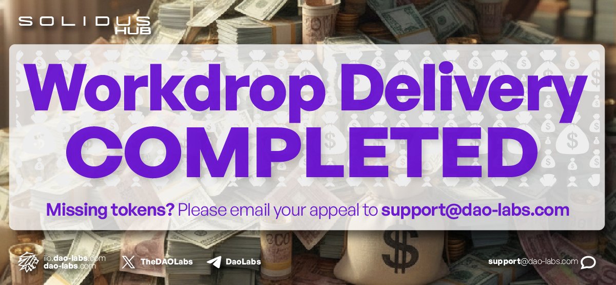 📢 Solidus Hub Special Workdrop: Distribution Complete ✅

🫣Missed your tokens? Some accounts require manual verification due to activity or connection issues.

📩 Please email support@dao-labs.com to file an appeal and our team will review your case individually.

Thanks for