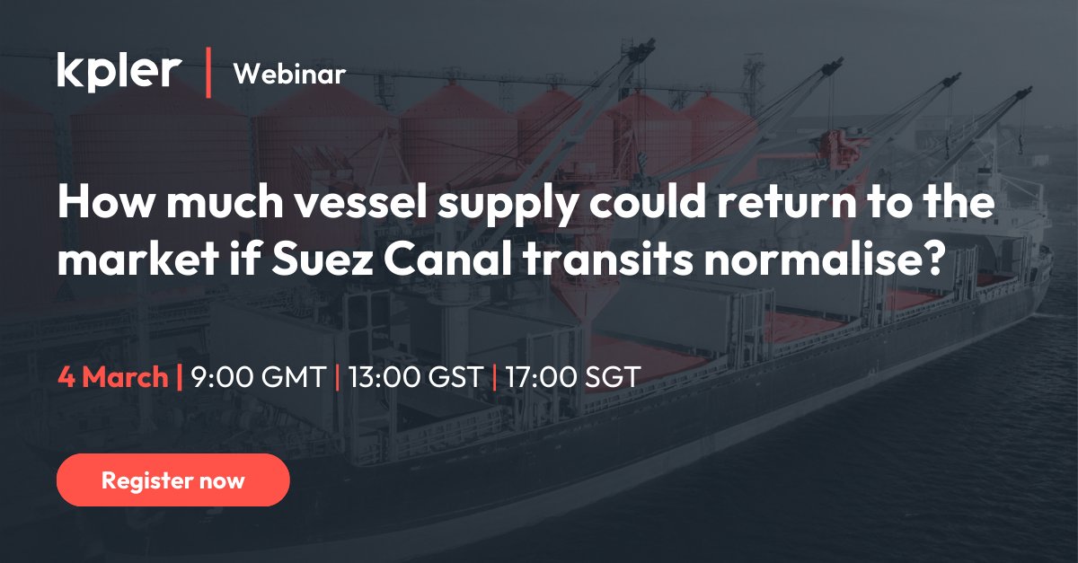 Kpler's tweet image. What happens to dry bulk markets when the Suez Canal normalises?

A return to normalised transits would reduce sailing days, adding supply to the market and putting downward pressure on #dry bulk carrier earnings. The effect will differ across vessel segments.

Hear from our