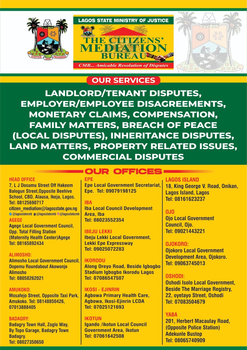 Access to justice shouldn’t be complicated... The Citizens’ Mediation Bureau (CMB) provides a structured and professional environment where everyday disputes are resolved peacefully.

Check the image to find the office nearest to you.