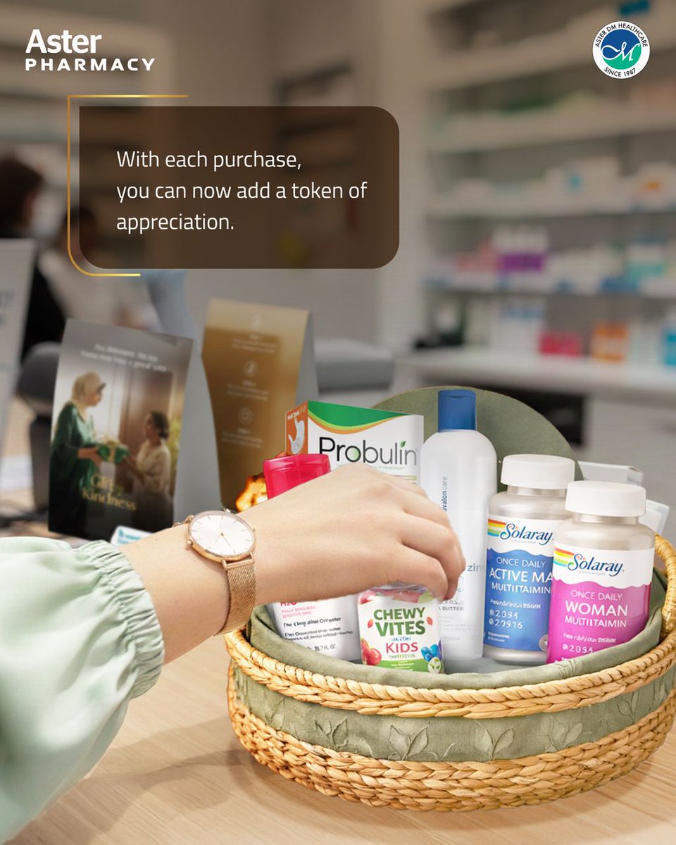 ASTERHealthcare's tweet photo. At Aster Pharmacy, we believe that wellness is better when shared. Now, with every purchase you make, you have the opportunity to add a "token of appreciation" to your basket. Whether it’s a treat for a loved one or a simple gift for someone who needs a lift, let’s spread health and happiness together.

Visit us in-store today and add a little extra kindness to your bag.

#AsterPharmacy #GiftOfKindness #CommunityCare #WellnessJourney #SmallGestures