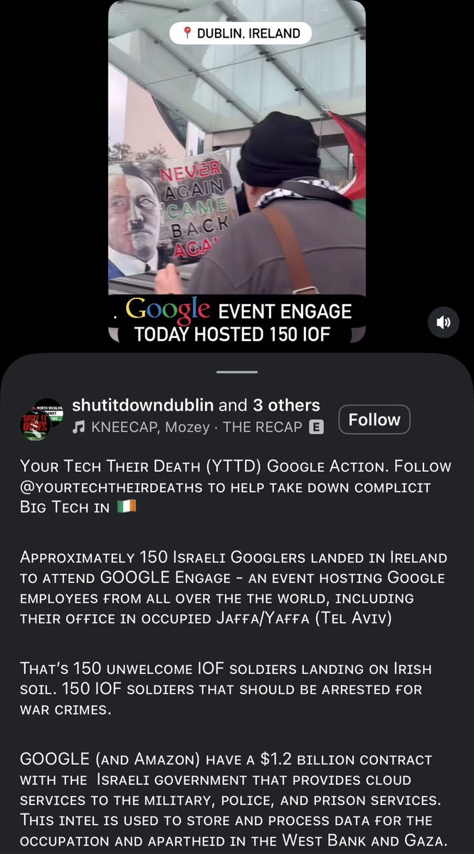 Today, anti-Israel extremists protested a conference at Google Ireland (both outside and inside the building) simply because Israelis are attending event. 

As you can see, this ‘protest’ includes a picture of Hitler. So we have a situation now where Irish people are shoving