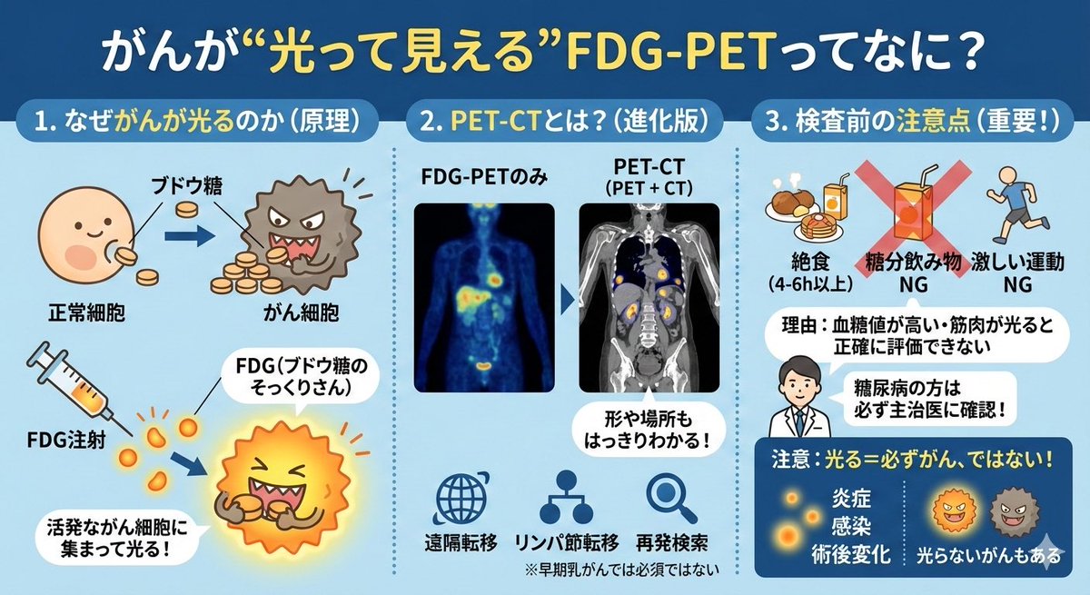 【#乳がん1分知識】#82

『がんが“光って見える”FDG-PETってなに？』

乳がん治療をされる方の一部が、
手術の前に受けることがある検査。

それが
「FDG-PET」 です。

■ なぜがんが光るのか

がん細胞は、
正常細胞よりも多くのブドウ糖を取り込む性質があります。