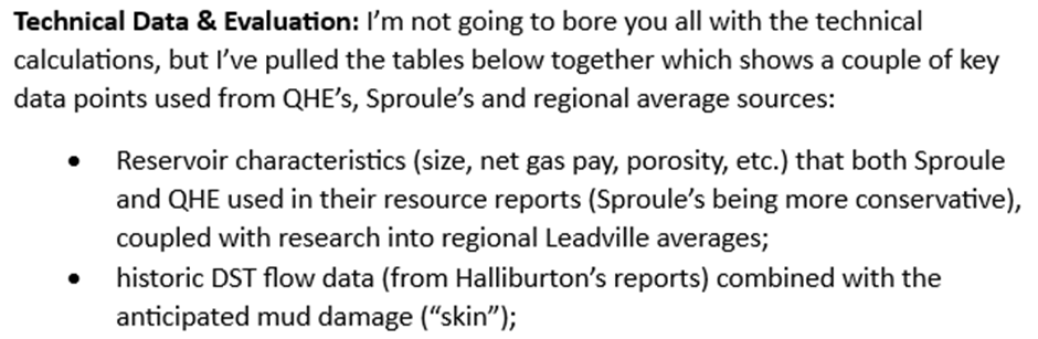 StallardMichael's tweet photo. 2) Before I dive into the detail, I’ve summarised the technical data below – these are important for estimating the potential flow rates later in the research. This is based on #QHE’s, #Sproule’s, & regional analogue data. #Helium #Gas https://t.co/rLuxVWydfq