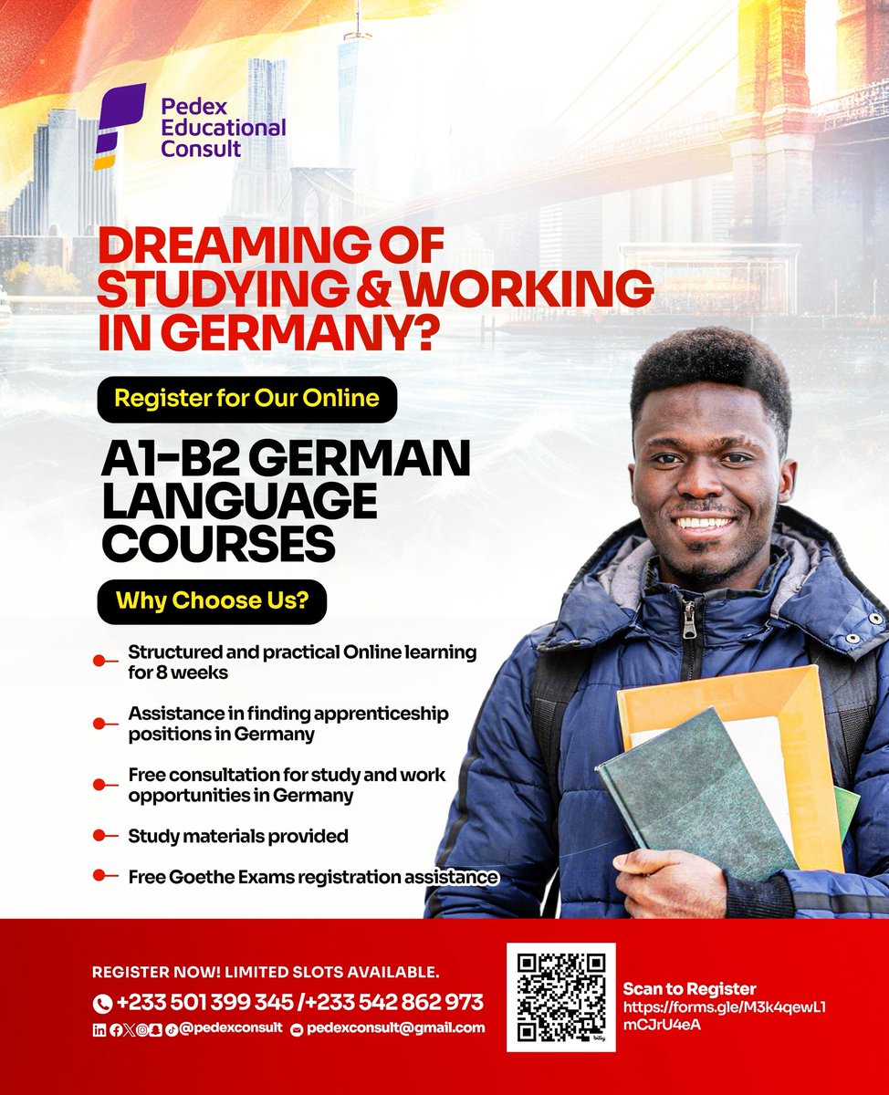 pedexconsult's tweet photo. Our A1–B2 German Language Program is built to take you from beginner to confident speaker through structured lessons, practical learning, and real guidance on opportunities in Germany.

Register now
https://t.co/8Q7wd0CfbX

Your #Germany journey can start today! 🇩🇪 https://t.co/Gy4cCe5jrK