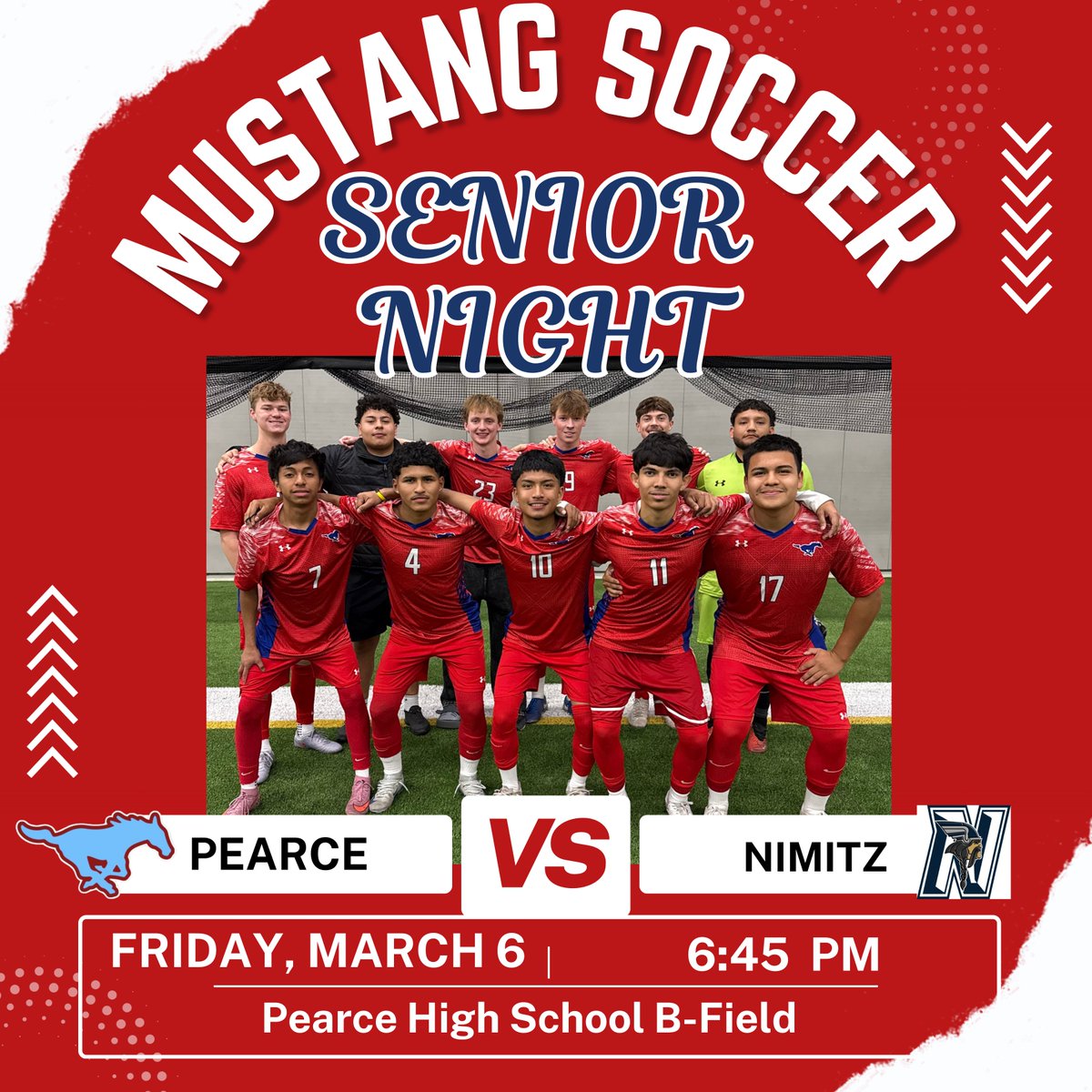Senior Night is Next Friday, March 6th! Come out and help us celebrate our amazing seniors! Start time is 6:45pm at Pearce B-Field.

#mustangsoccer #compete