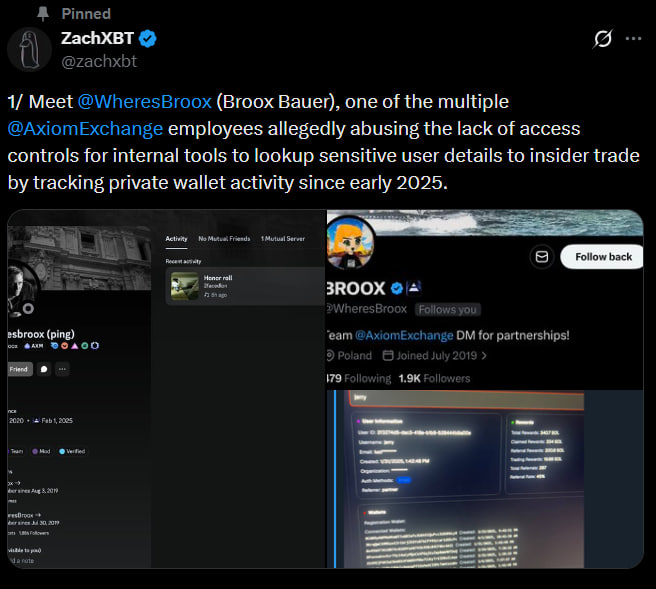 Cointelegraph's tweet photo. 🚨 JUST IN: ZachXBT releases an insider trading investigation, alleging Axiom employees engaged in insider trading. https://t.co/RSy0GceKML