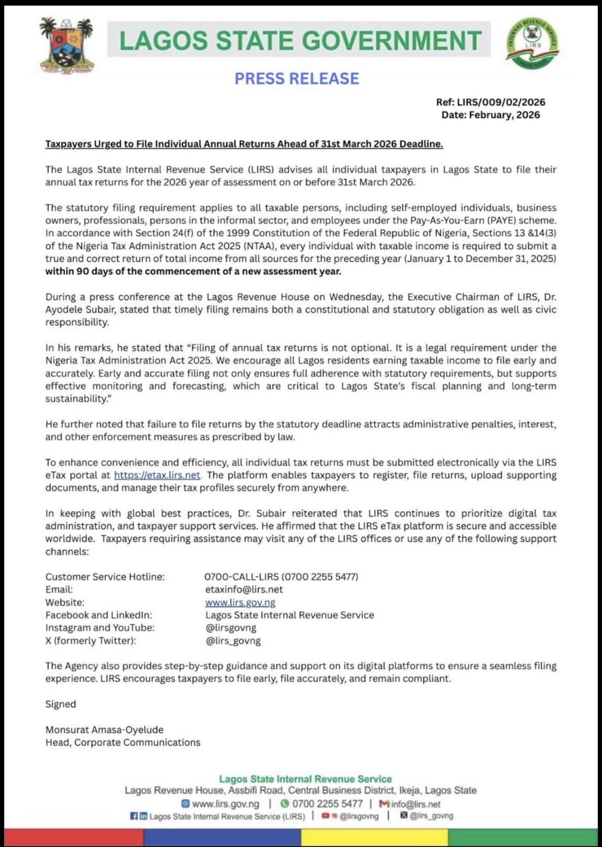 LIRS has issued a public notice urging individual taxpayers in Lagos State to file their annual returns on or before 31 March 2026.

Unfortunately, there’s no timeline for filing of individual returns in the new tax law - NTAA.

I’ll be surprised if LIRS if relying on PITA to