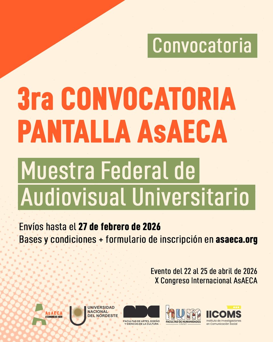 📽️ #Convocatorias | ¡ÚLTIMAS HORAS para inscribirse!

🎓 Destinada a estudiantes de carreras audiovisuales de pre-grado, grado y posgrado de universidades y/o escuelas de cine y audiovisual de Argentina.

📅⏳ Hasta el 27/2
📧 Consultas: pantallasaeca@gmail.com