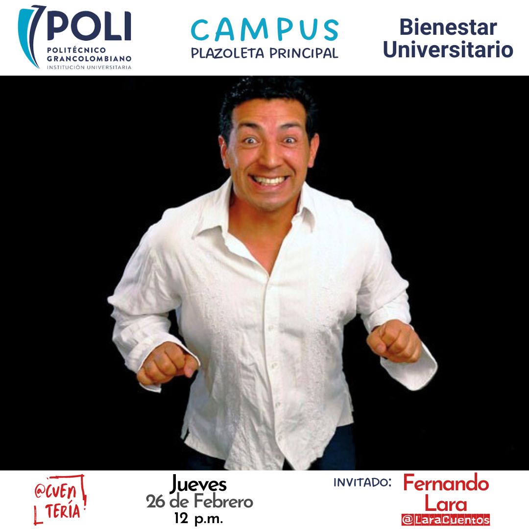 Hoy #Jueves de #Cuentería 🎭 en @PoliGran con <a href="/LaraCuentos/">Lara_cuenta Cuentos</a>.

🗓️ Feb 26
📍 Campus
🕛 12 pm

Inv: Bienestar
Org: <a href="/Cuenteria/">Cuentería</a>

#Cuentos #Historias #Cuenteros #NarraciónOral #ArtesEscénicas #Teatro #Bogotá #PoliGran #Politécnico