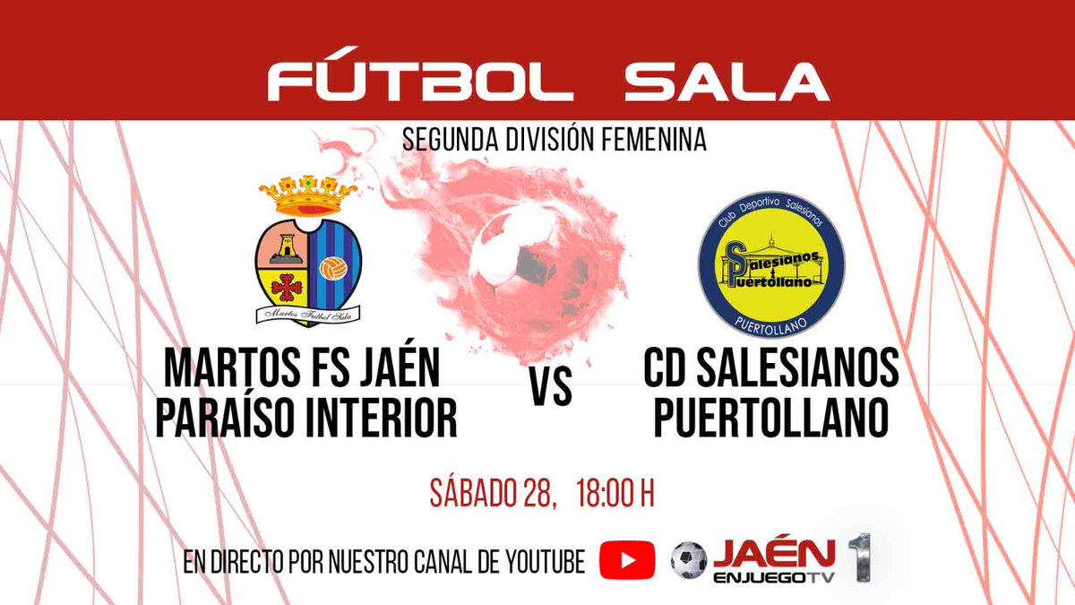 🚨RETRANSMISIÓN ‼

👉Vaya fin de semana tenemos por delante... Empezamos el sábado con un gran partido de Segunda División de fútbol sala

➡En directo, desde Martos, a las 18:00 horas: <a href="/MartosFSF/">Martos Fútbol Sala Femenino Jaén Paraíso Interior</a> - <a href="/CDSalesianosPto/">CD Salesianos Puertollano</a> . Se la juegan ‼

Aquí podrás verlo: youtube.com/watch?v=-_5ey_…