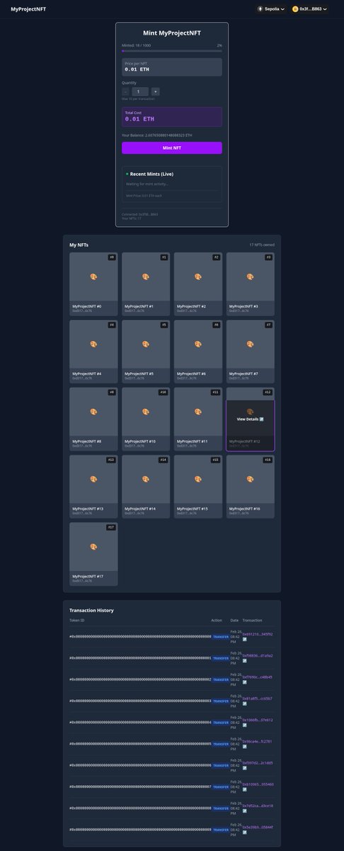 yayaOnChain's tweet photo. Today's journey : User Transaction History Complete!

GM. Just Implemented full #NFT ownership &amp; transaction history for my minting #DApp.

Features shipped: 
✅#Alchemy NFT API integration 
✅User's owned NFT gallery 
✅Transaction history table 
✅#IPFS metadata fetching https://t.co/F9hl53A495