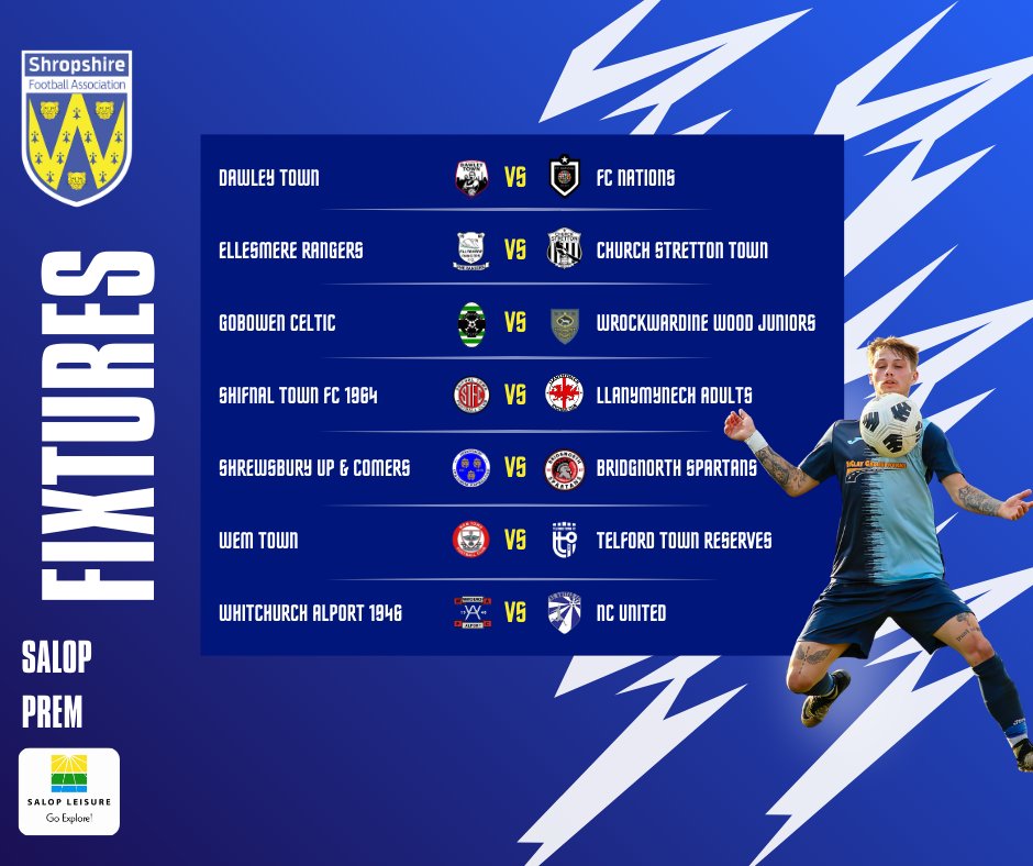 TJVickersLeague's tweet photo. Salop Prem action returns on Saturday and here is how this weeks fixtures look! 🔥⚽

#shropshirefa #salopleisureleague #grassrootsfootball https://t.co/qvDjoMDEU6