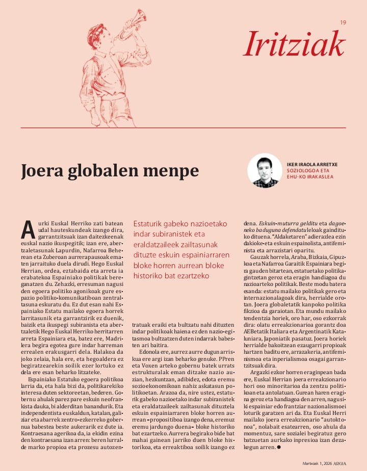iraola_'s tweet photo. Azkenekoa #Argia-n:
«Joera globalen menpe»
✍️https://t.co/o3PuaQ3Jnv https://t.co/eL3Wbnwif9