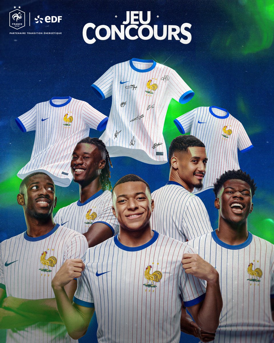 𝐉𝐄𝐔 𝐂𝐎𝐍𝐂𝐎𝐔𝐑𝐒

Vous avez adoré le précédent… on remet ça
3 maillots extérieurs de l’Équipe de France sont à gagner dont un dédicacé

Tentez de remporter le vôtre
- Suivez <a href="/EDF_Foot/">EDF Foot</a> 
- Identifiez en commentaire un(e) fan des Bleus
📅 TAS : 10/03
Bonne chance à tous
