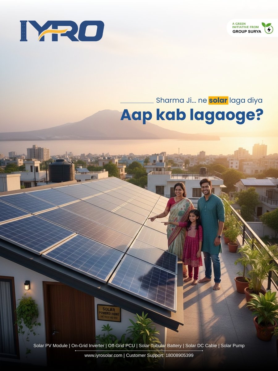 IyroSolar's tweet photo. ☀️ Sharma Ji ne solar laga diya… Aap kab lagaoge?

Electricity bills increasing every month?
Now is the perfect time to switch to smart solar solutions with IYRO Solar.
#IyroSolar #GoSolar #RooftopSolar #SaveElectricity #SolarEnergy #SwitchToSolar #iyro #solar https://t.co/4EbqVLgIX5